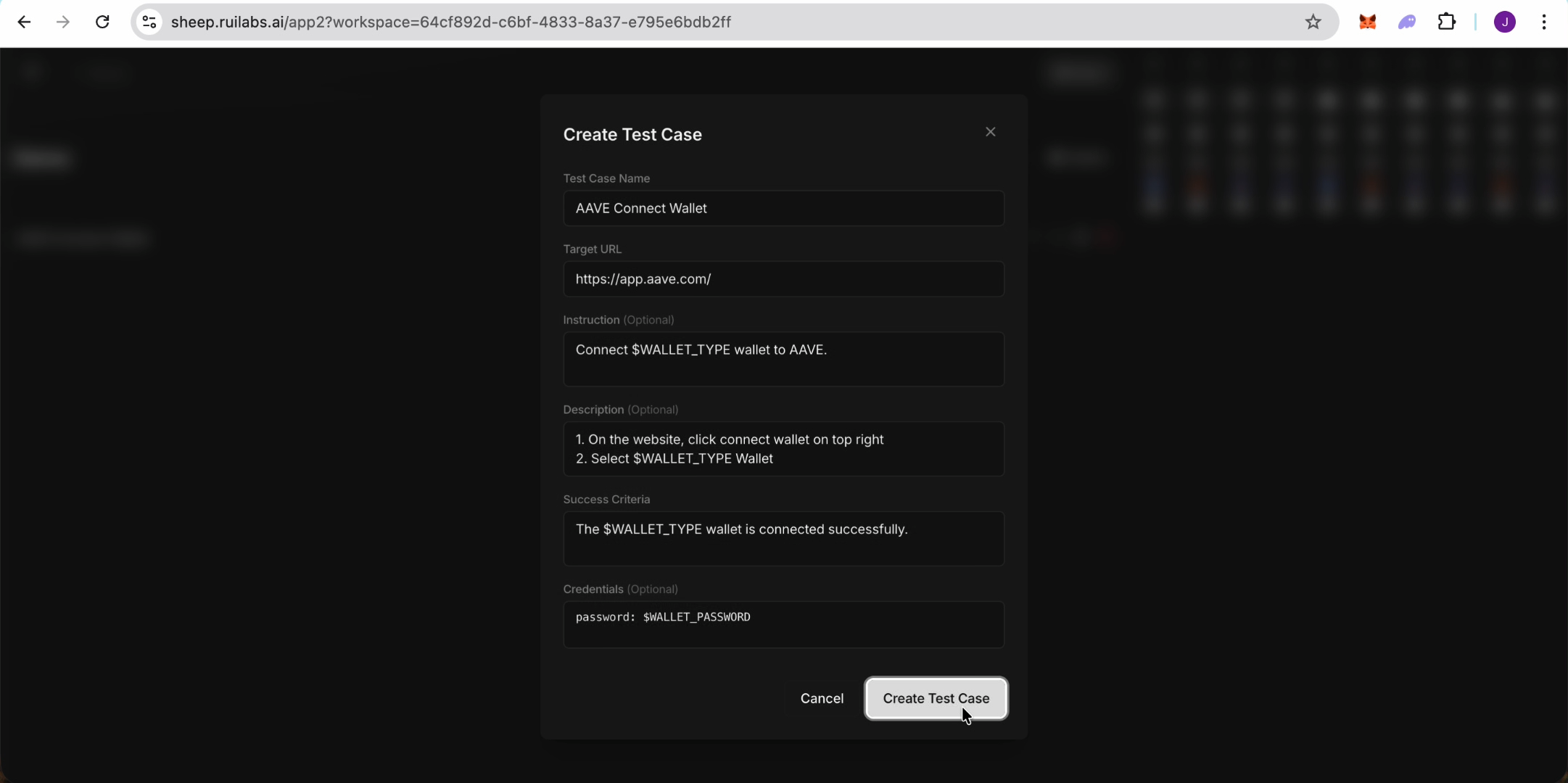 Test case creation interface